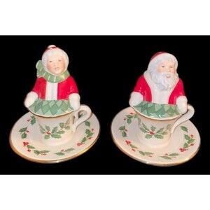 Lenox Santa Claus & Mrs Claus Salt Pepper Set Shakers Tea Cups Christmas Holly